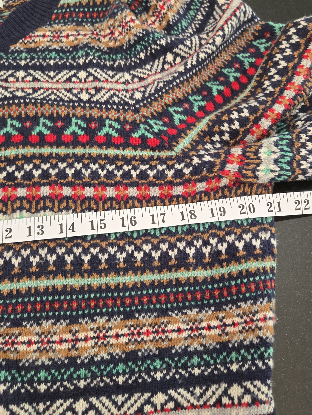 J. Crew Puff Sleeve Fair Isle Sweater Navy Colorful Cherries Wool Blend Large - Picture 7 of 10
